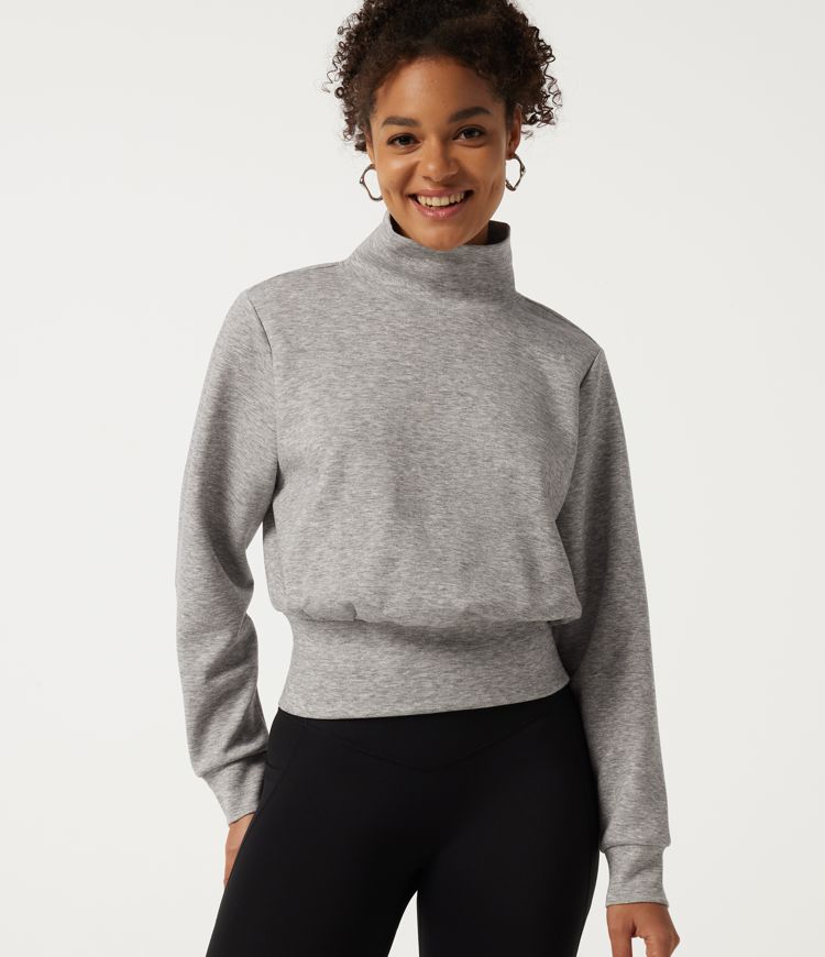 Mock Neck Long Sleeve Ruched Casual Pullover Sweatshirt