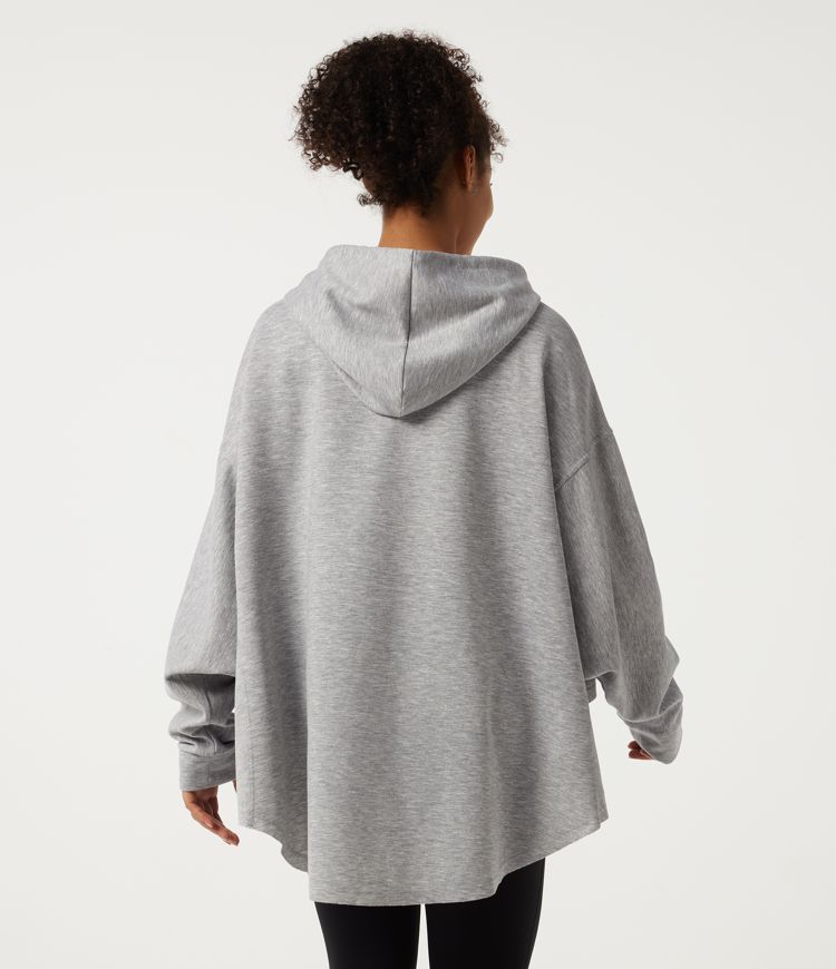 Fog Gray Drop Shoulder Batwing Long Sleeve Curved Hem Casual Hoodie Sweatshirt with Front Pocket / 2