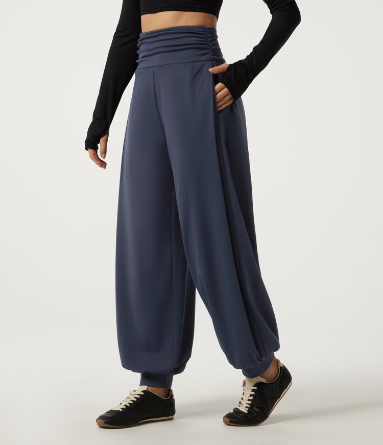 High Waisted Ruched Balloon Casual Joggers with Pockets