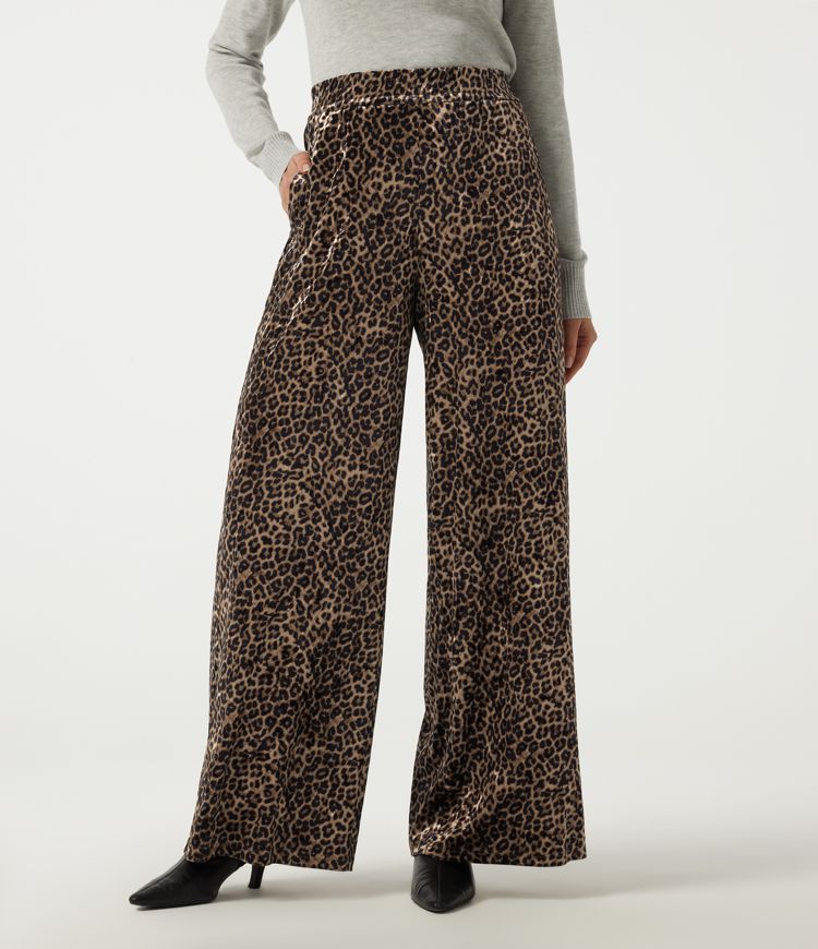 High Waisted Wide Leg Leopard Print Work Pants with Pockets