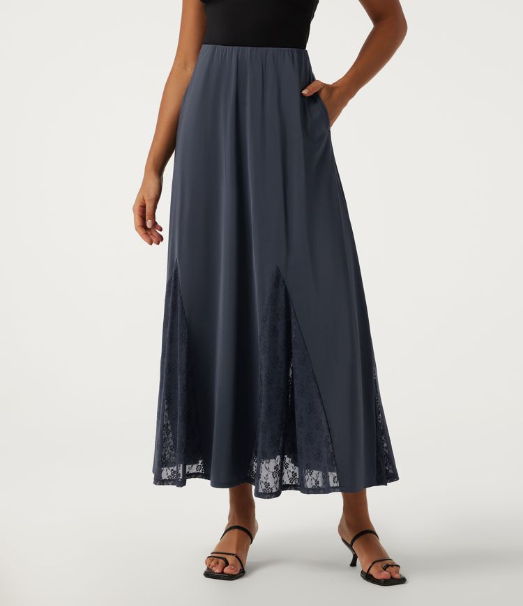 High Waisted Contrast Lace A Line Stretchy Satin-Like InstantCool Maxi Casual Skirt with Pockets