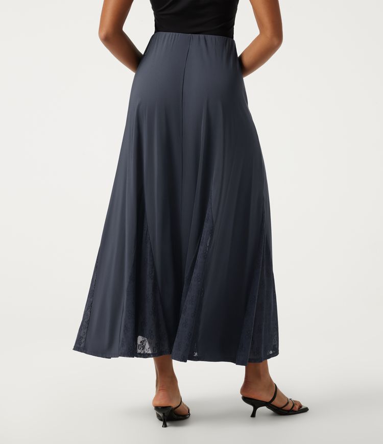 Outer Space High Waisted Contrast Lace A Line Stretchy Satin-Like InstantCool Maxi Casual Skirt with Pockets / 2