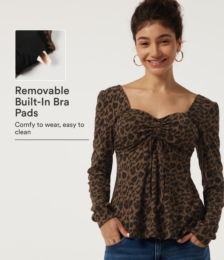 Sweetheart Neck Long Sleeve Leopard Print Built-in Bra Lace Up Casual Top