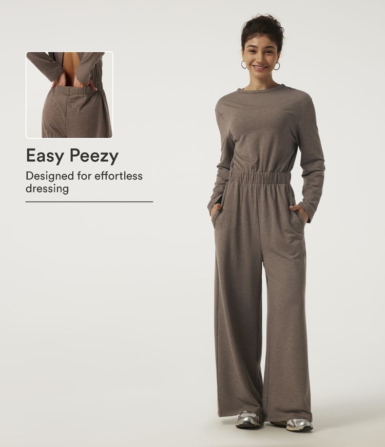 Boat Neck Long Sleeve Wide Leg Cut Out Casual Jumpsuits with Pockets-Easy Peezy Edition