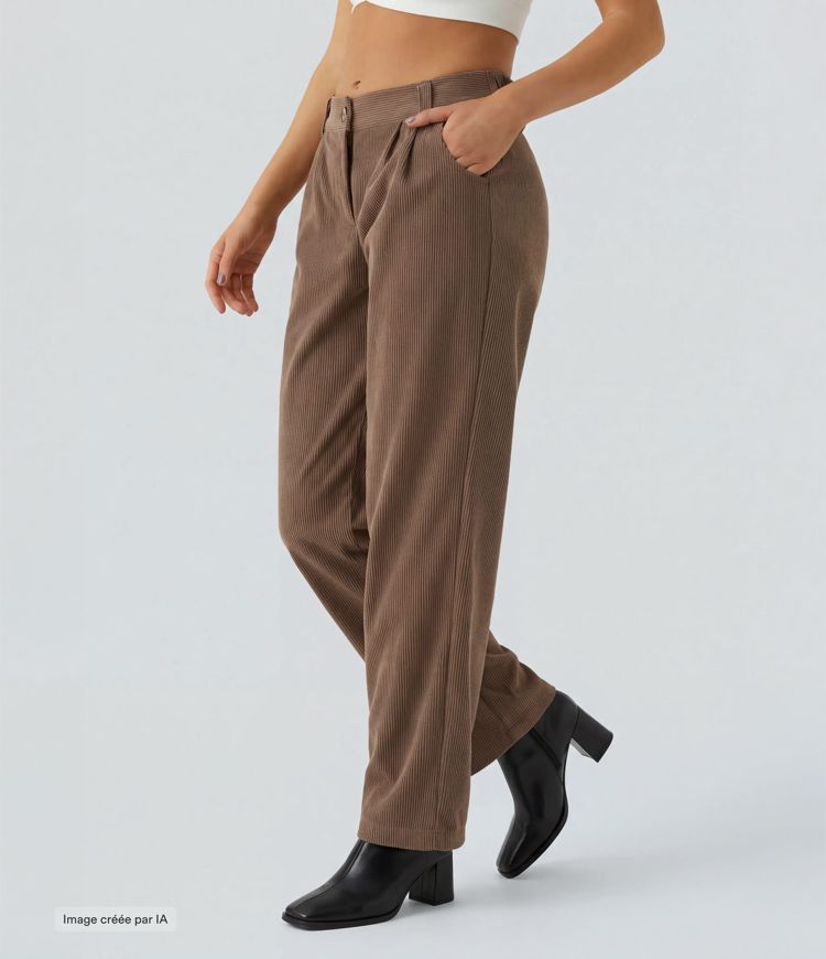 Pantalon en velours côtelé décontracté taille moyenne avec poches latérales