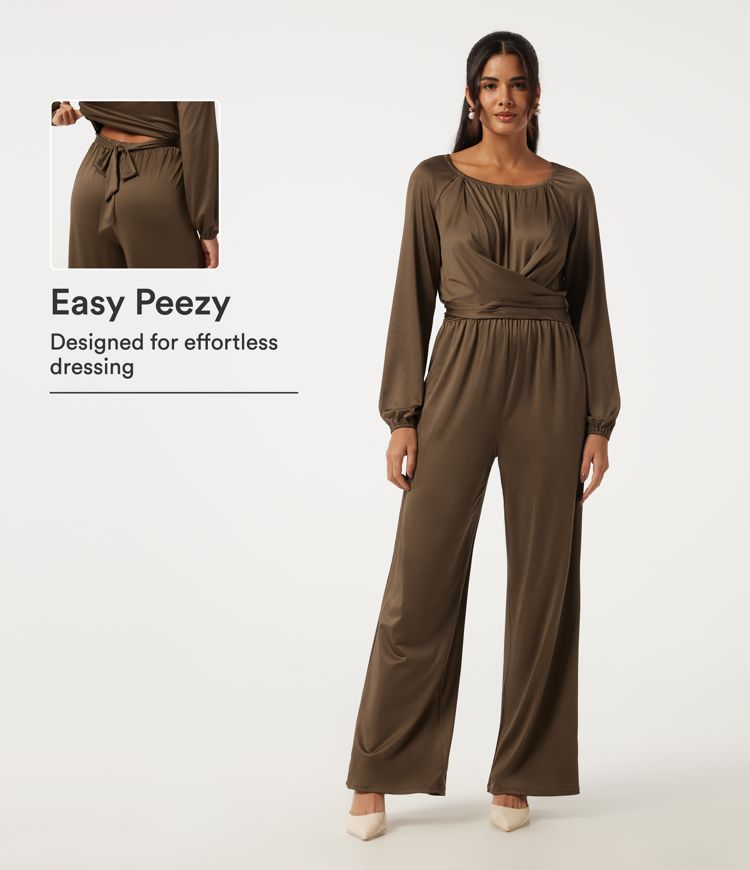Mély kivágású, raglán fazonú, hosszú ujjú, fűzős, széles szárú, zsebes party overál - Easy Peezy kiadás