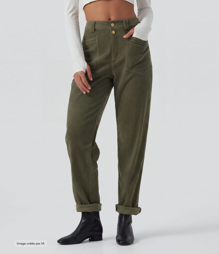 Pantalon en velours côtelé taille mi-haute coupe fuselée avec poches