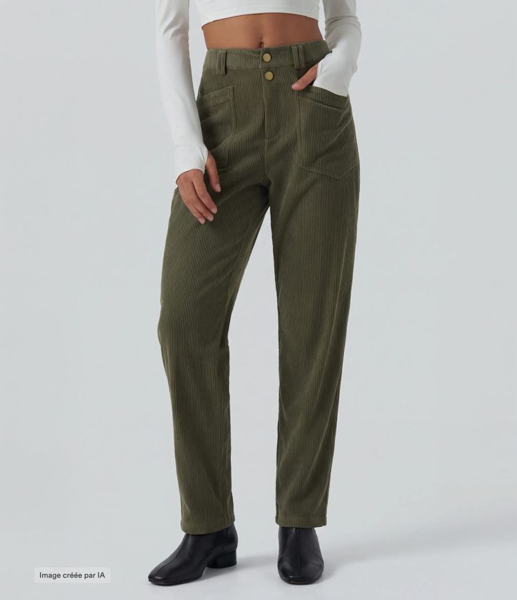 Pantalon en velours côtelé taille mi-haute coupe fuselée avec poches