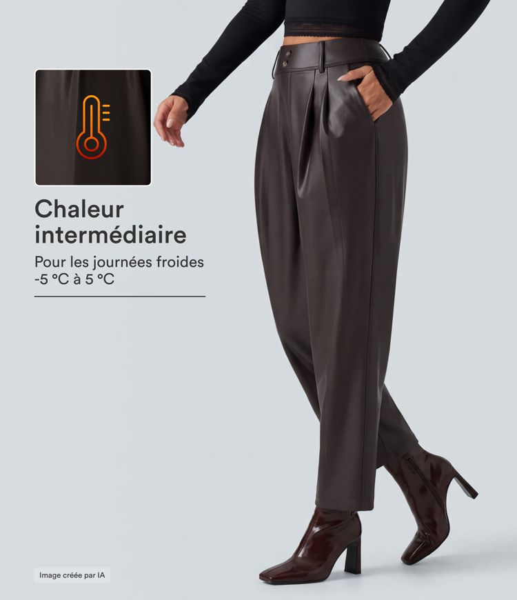 Pantalon en simili stretch doublé polaire taille haute coupe fuselée avec poches