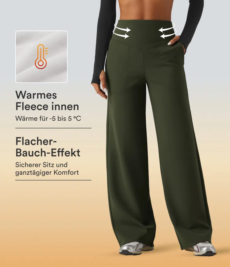 Fleece-Yogahose mit hohem Bund, Seitentaschen, Bauchkontrolle und geradem Bein