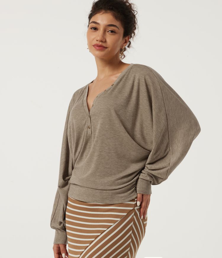 Henley Neck Batwing Long Sleeve Casual T-Shirt for B-DD Cups