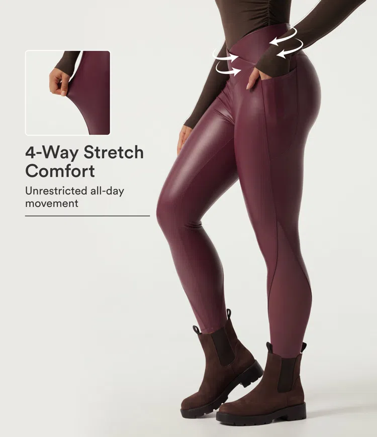 High Waisted Stretchy PU Crossover Contrast Mesh Casual Leggings with Pockets