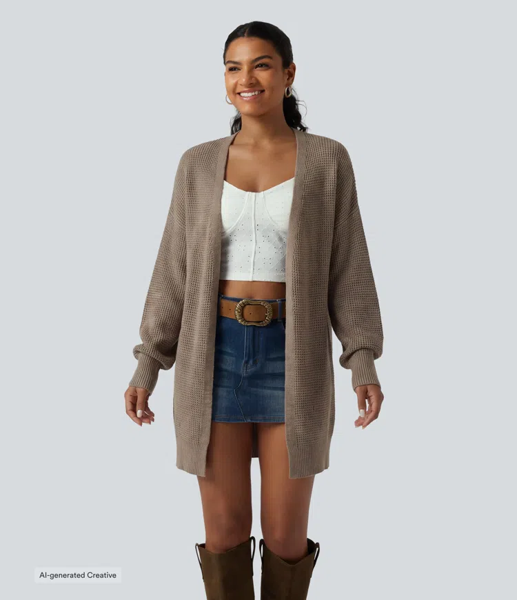 V Neck Open Front Long Sleeve Longline Casual Cardigan
