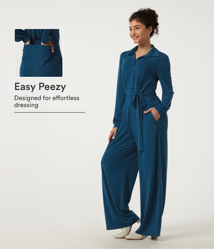 Lapel Long Sleeve Wide Leg Belted Work Jumpsuit with Pockets-Easy Peezy Edition