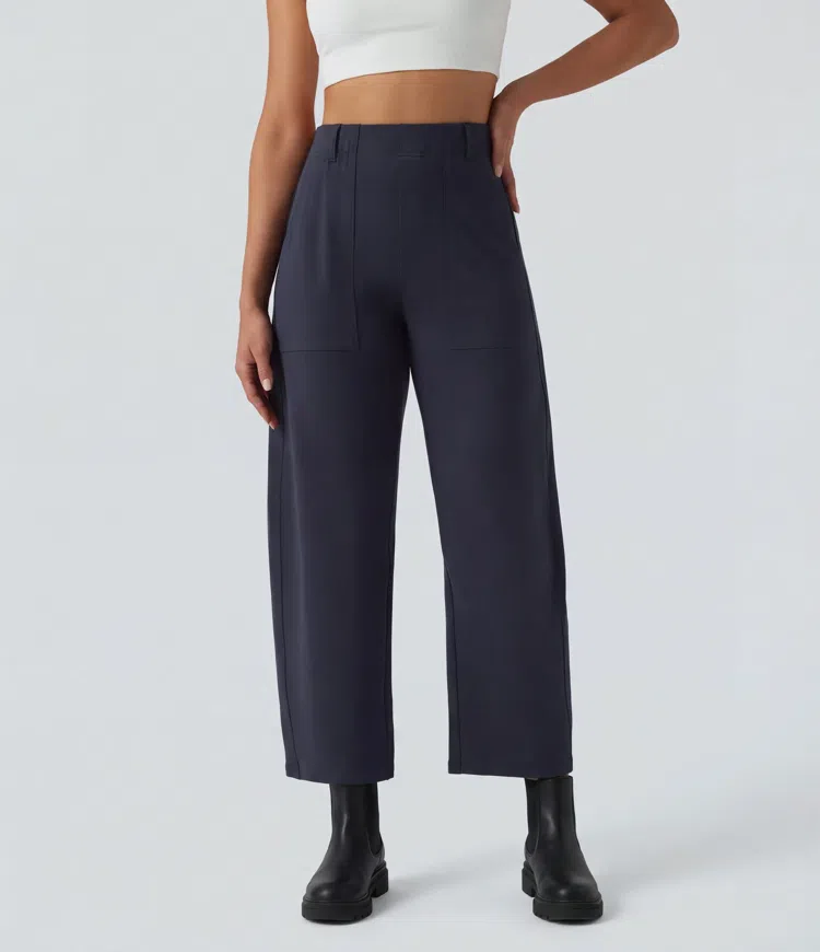 DayStretch High Waisted Barrel Leg Casual Trousers with Pockets