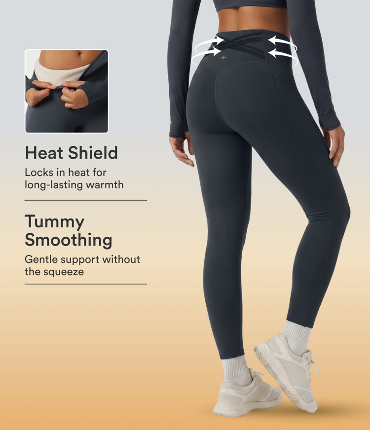 Halara Ultrasculpt™ Extra Heat High Waisted Tummy Control Crossover Back Fleece Running Leggings with Pockets