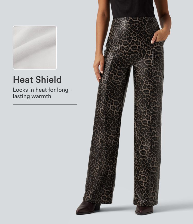High Waisted Stretchy PU Leopard Print Leather Flare Casual Pants with Pockets