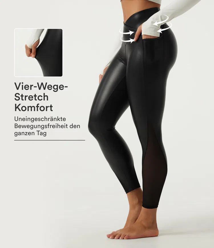 Lässige Leggings aus elastischem Kunstleder mit hohem Crossover-Bund, Seitentaschen und Kontrast-Mesh