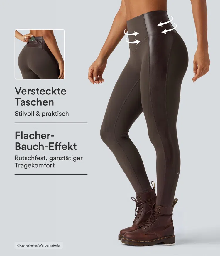Halara UltraSculpt™ - Yoga-Leggings mit hohem Bund, Stretch-Kunstleder, Bundtasche und Bauchkontrolle