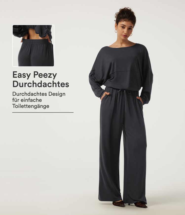 Lässiger Jumpsuit mit U-Boot-Ausschnitt, Seitentaschen, langen Ärmeln und weitem Bein - Easy Peezy Edition