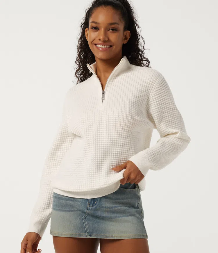 Stand Collar Long Sleeve Waffle Casual Sweater