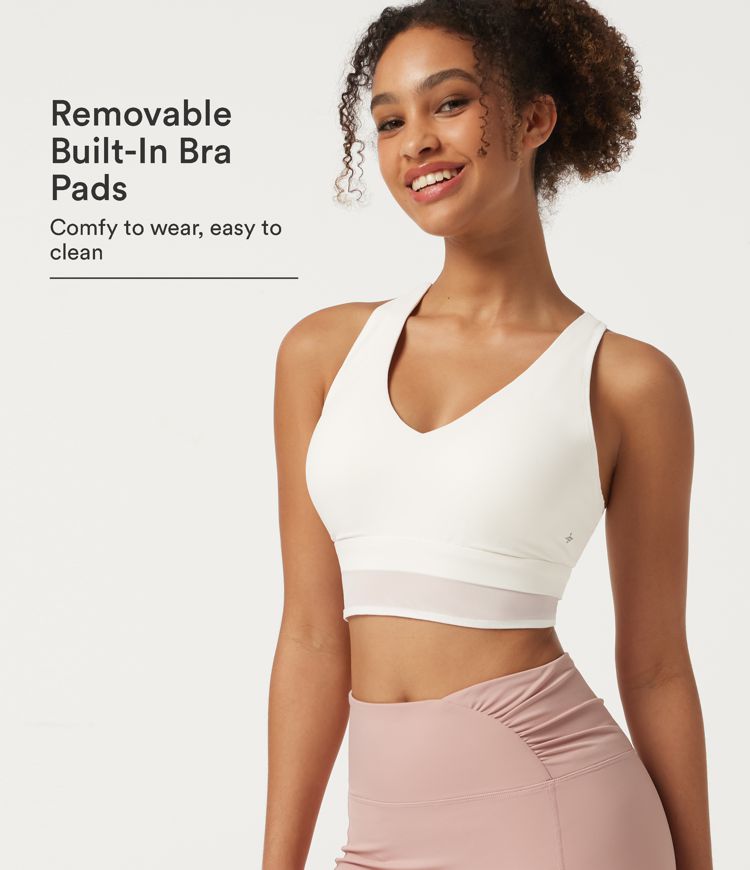 V-Neck Crossover Contrast Mesh Built-in Bra Racerback Running Sports Bra