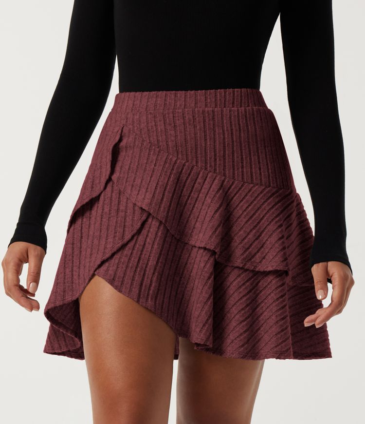 Ribbed Knit High Waisted Ruffle Hem A-Line Casual Mini Skirt with Built-in Shorts and Pocket