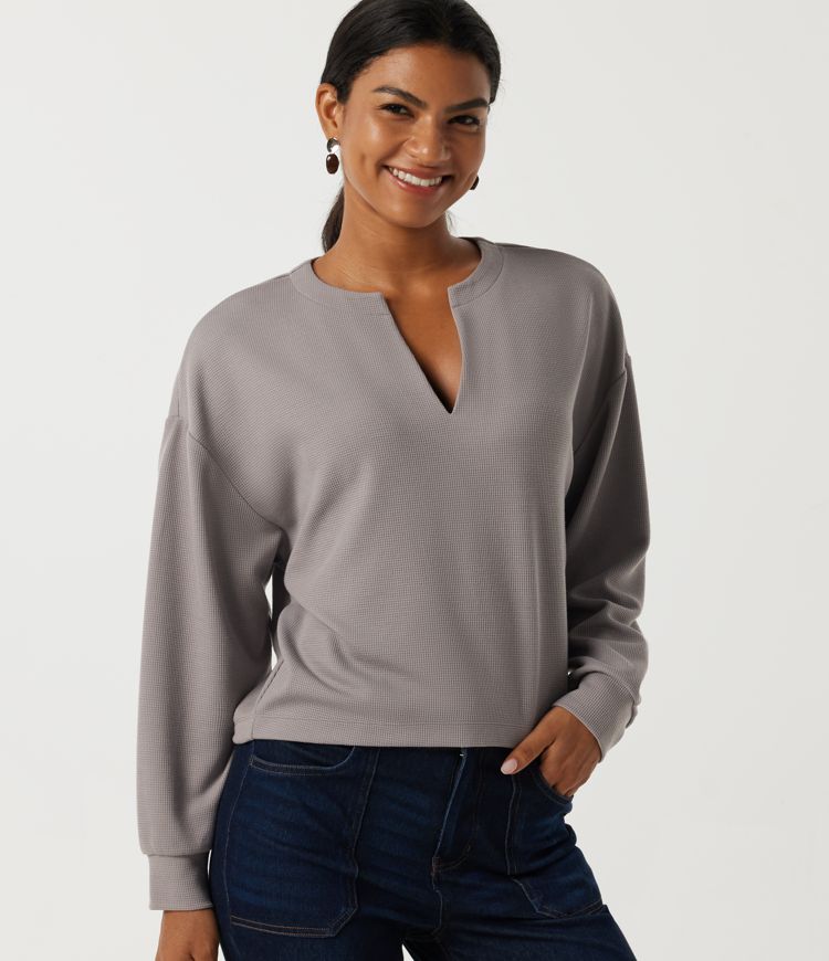 V Neck Long Sleeve Waffle Casual Top