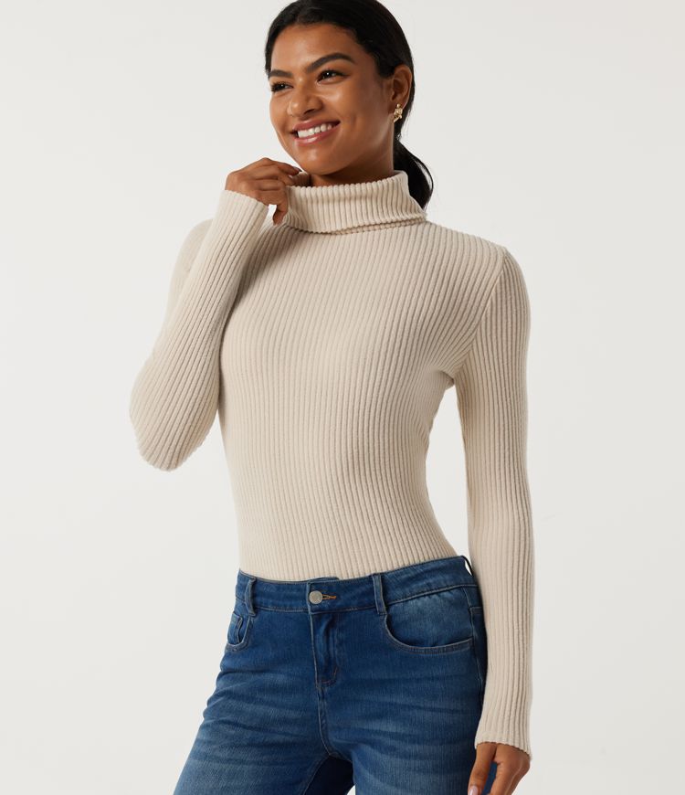 Ribbed Knit High Neck Long Sleeve Casual Top