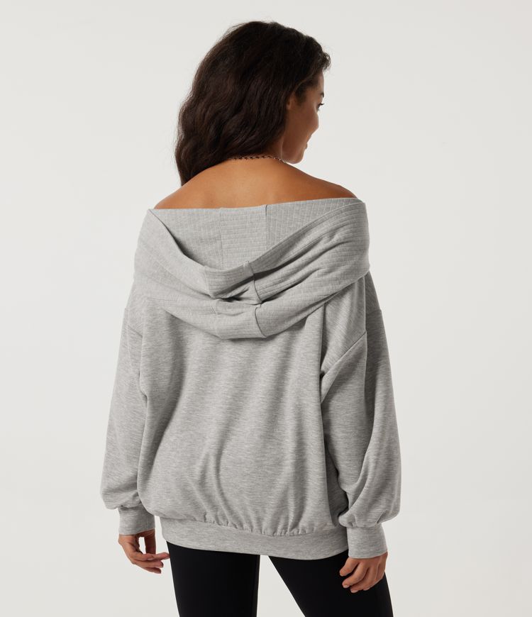 Fog Gray Off-Shoulder Long Sleeve Casual Pullover Hoodie Sweatshirt / 2