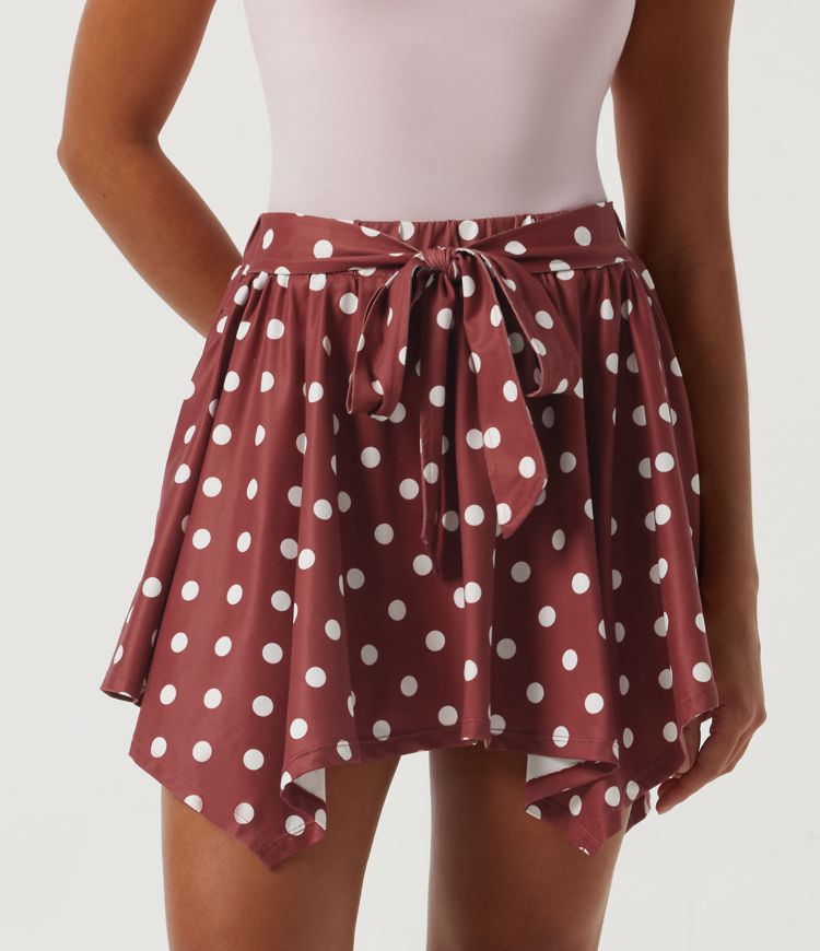 High Waisted Polka Dot A-Line Casual Mini Skirt with Built-in Shorts and Pockets