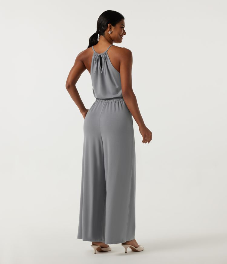 Mist Grey Halter Sleeveless Lace Up Wide Leg Keyhole Back Casual Jumpsuit with Pockets-Easy Peezy Edition / 2