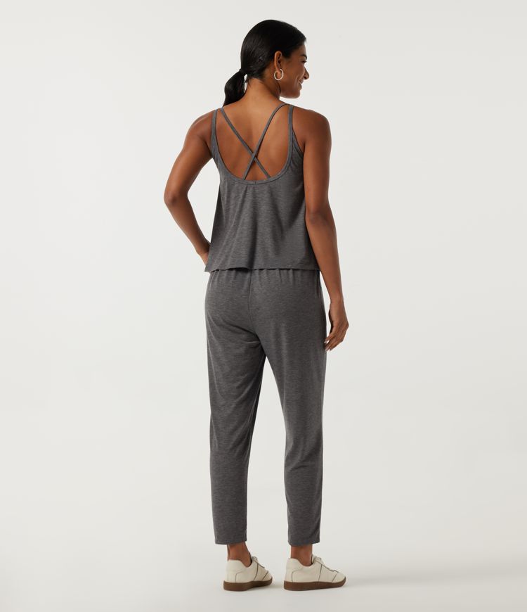 Darl Gray Floral Yarn U Neck Sleeveless Built-in Bra Cut Out Tapered Casual Jumpsuit with Pockets-Easy Peezy Edition / 2