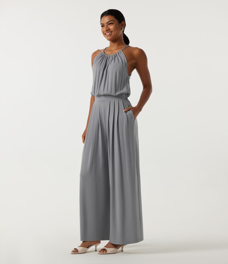 Halter Sleeveless Lace Up Wide Leg Keyhole Back Casual Jumpsuit with Pockets-Easy Peezy Edition