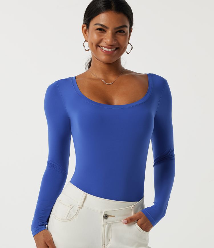 U Neck Long Sleeve Built-in Bra Casual Bodysuit