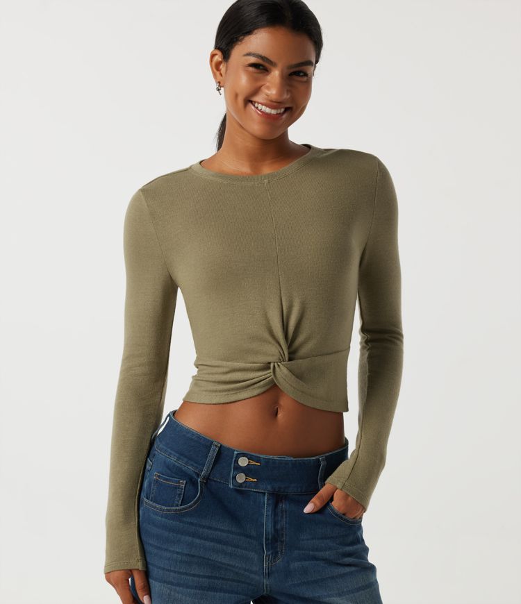 Round Neck Long Sleeve Curved Hem Casual Top