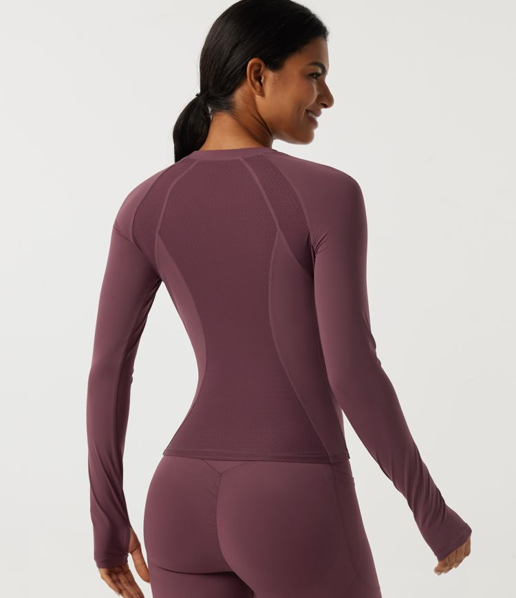 Halara UltraSculpt™ Round Neck Long Sleeve Contrast Mesh Running Sports Top with Thumbholes