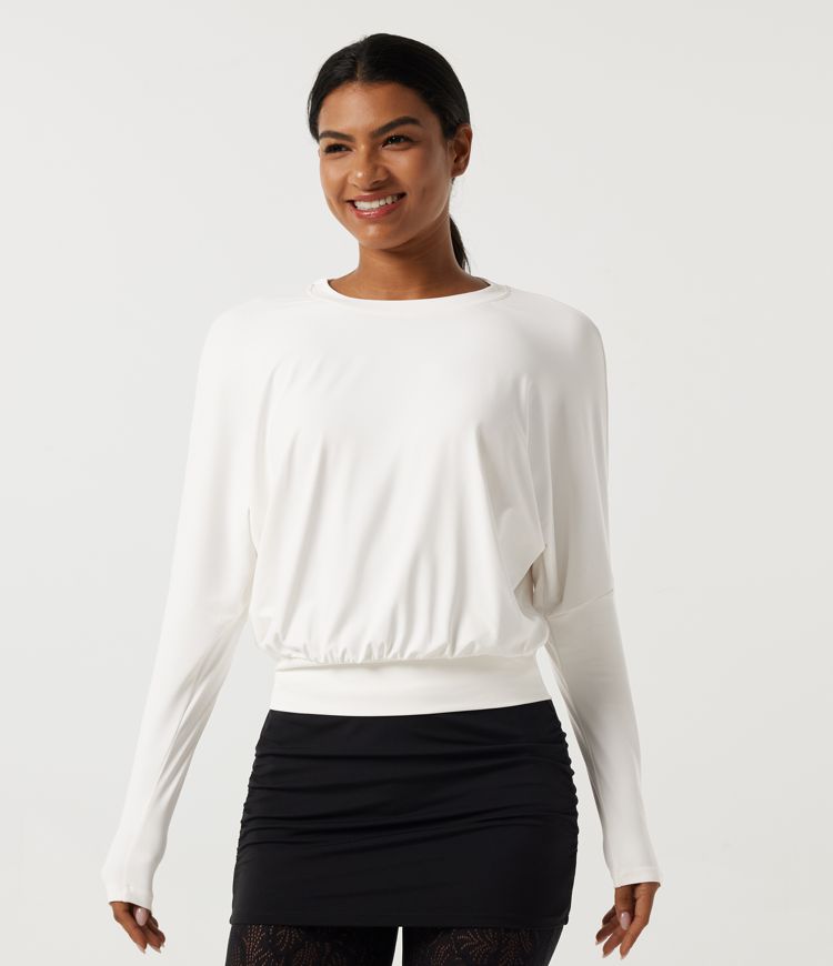 Blanc SoftlyZero™ top de sport pour yoga à encolure ronde, manches longues et dentelle contrastée / 2