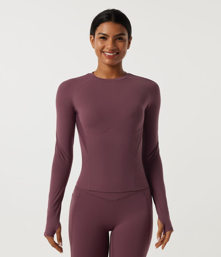 Evening Red Halara UltraSculpt™ Round Neck Long Sleeve Contrast Mesh Running Sports Top with Thumbholes / 2