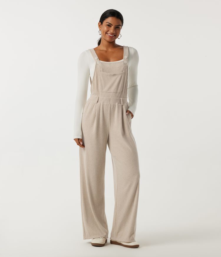 Ribbed Knit Square Neck Straight Leg Casual Overalls with Pockets