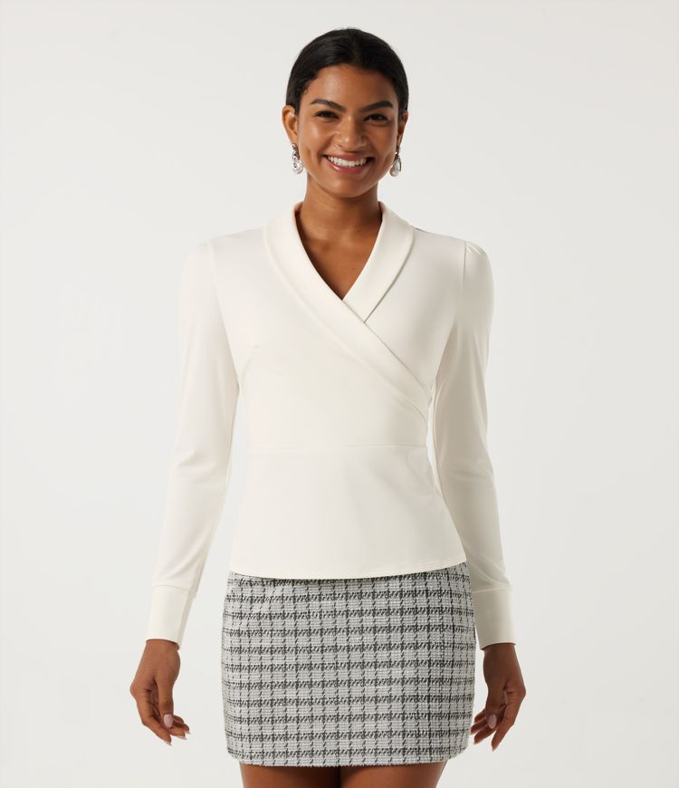 V Neck Long Sleeve Crossover Work Blouse