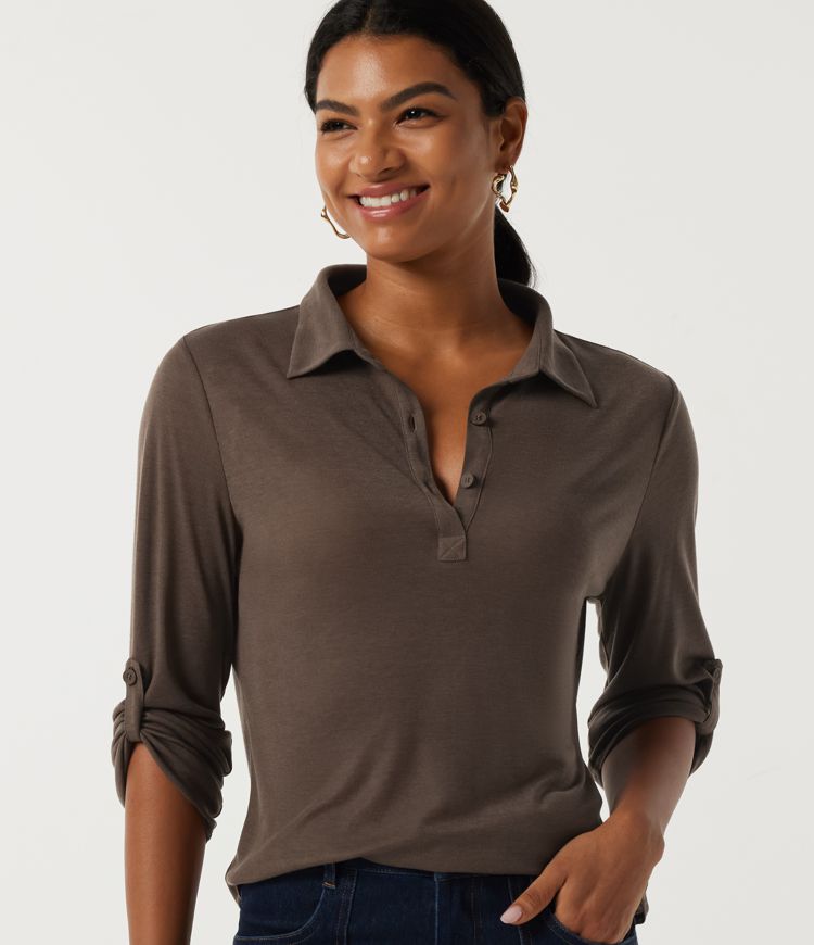 Polo Neck Long Sleeve Curved Hem Casual Wool-Blend Top