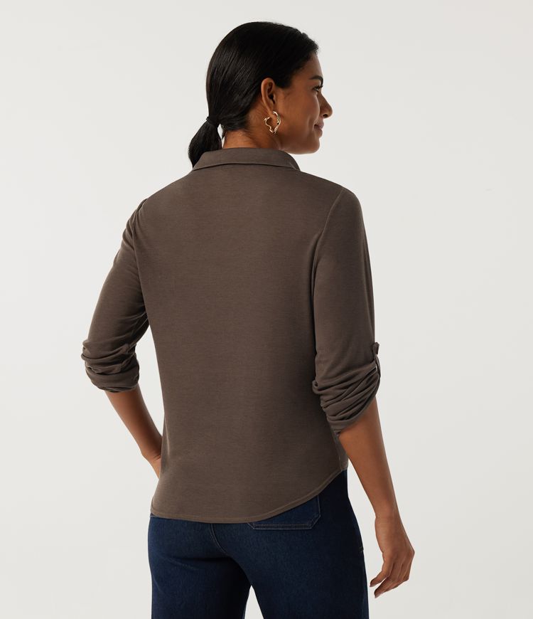 Coffee Quartz Polo Neck Long Sleeve Curved Hem Casual Wool-Blend Top / 2