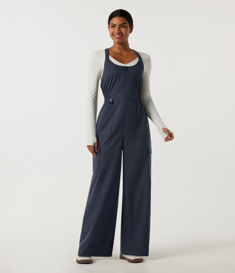 Water Repellent Wear-Resistant U Neck Wide Leg Ruched Hiking Overalls with Pockets
