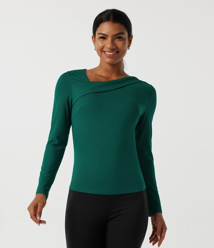 V Neck Long Sleeve Asymmetric Work Blouse