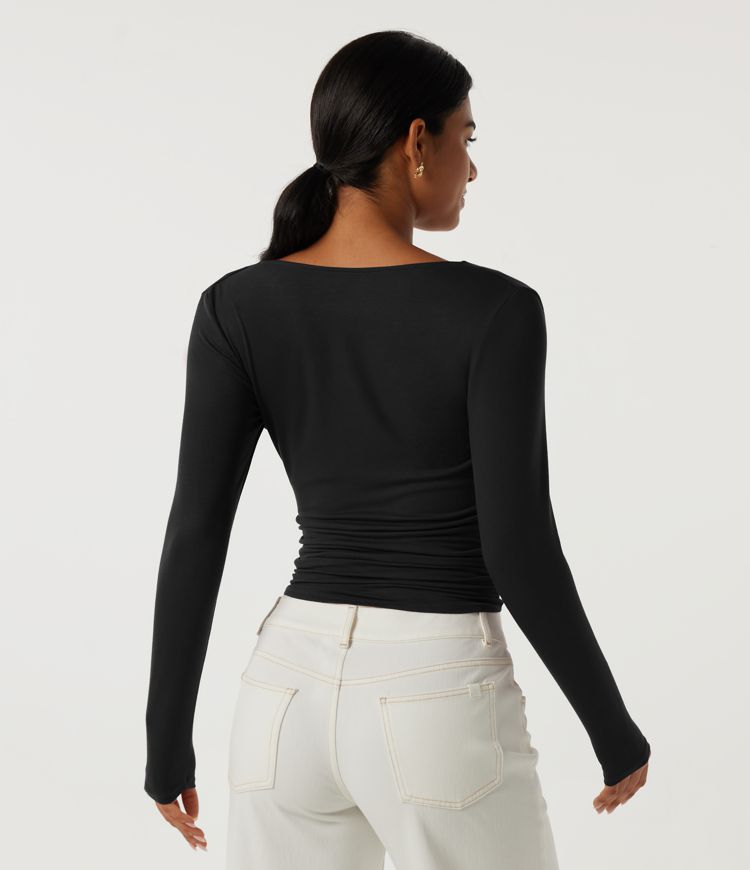 Black Square Neck Long Sleeve Crossover Ruched Casual Top / 2