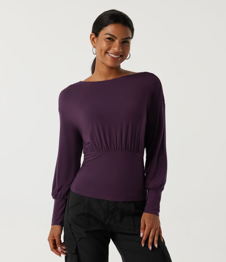 Potent Purple Boat Neck Long Bishop Sleeve Ruched Casual Top / 2