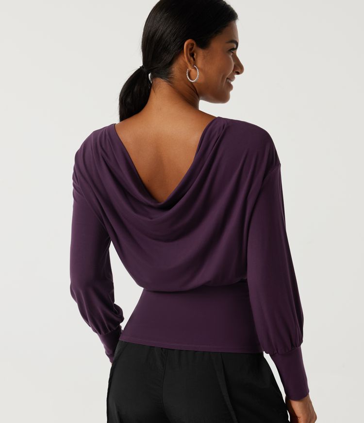 Boat Neck Long Bishop Sleeve Ruched Casual Top