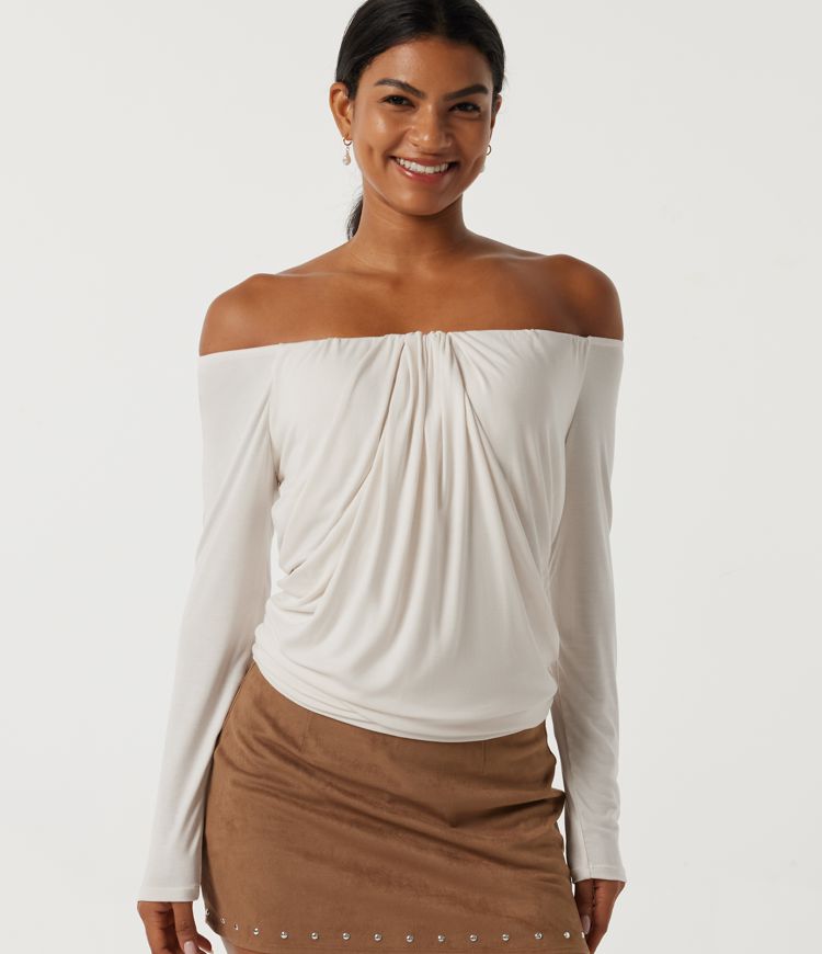 Ribbed Off Shoulder Ruched Long Sleeve Casual Top