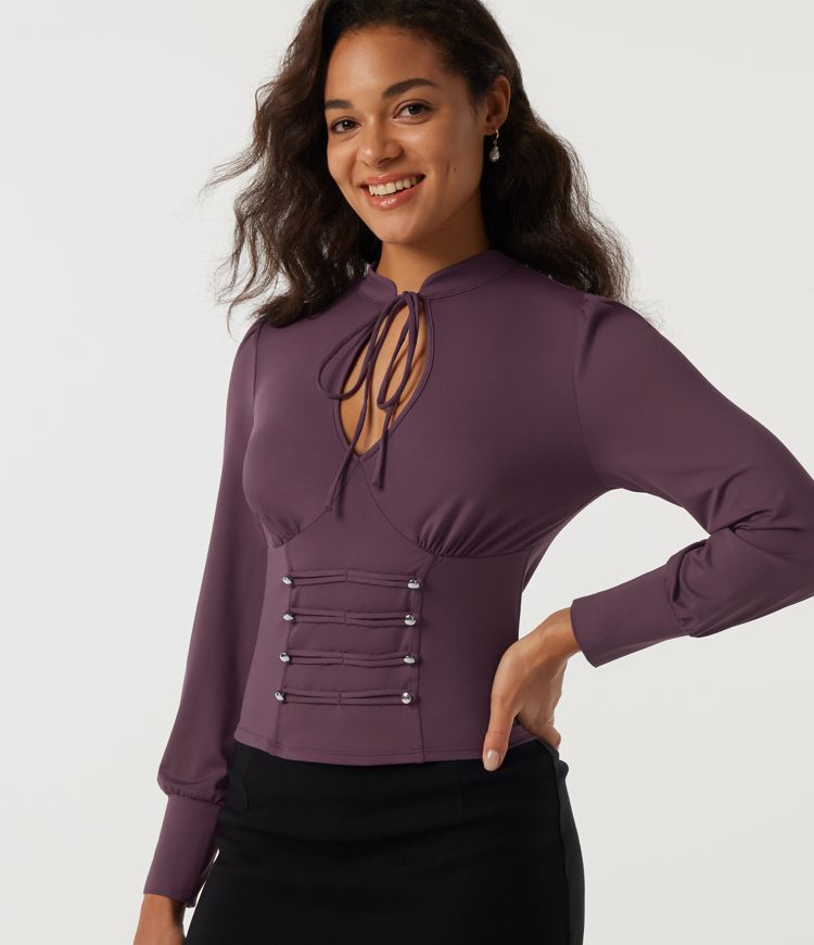 Long Sleeve Cut Out Lace Up Casual Top